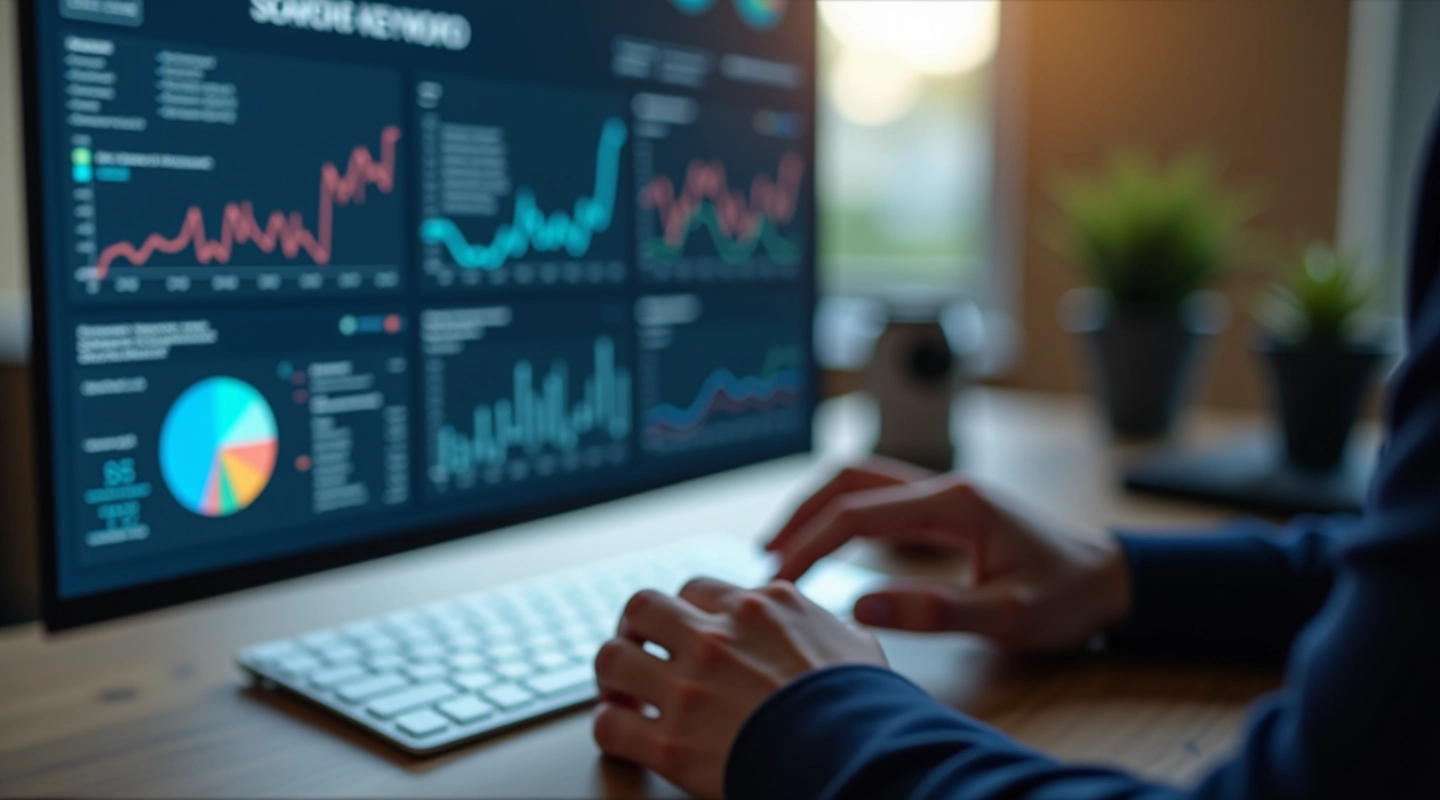 Person analyzing search keyword data on computer screen with charts and analytics