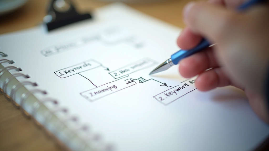 Step-by-step process diagram showing keyword research workflow on notebook with pen
