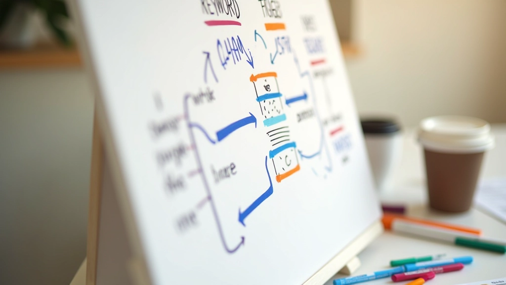 Whiteboard showing keyword research framework with search intent categories and priority mapping