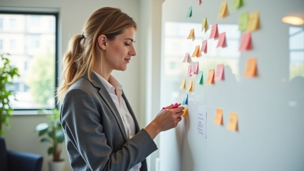 Designer sketching on whiteboard showing content strategy framework with sticky notes and flowchart